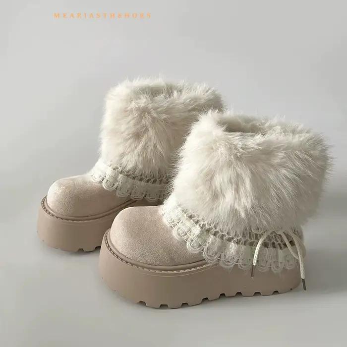 Bottes de neige en fourrure pour femmes, bottes courtes d'hiver à fond épais, talons de 5cm, bout ro