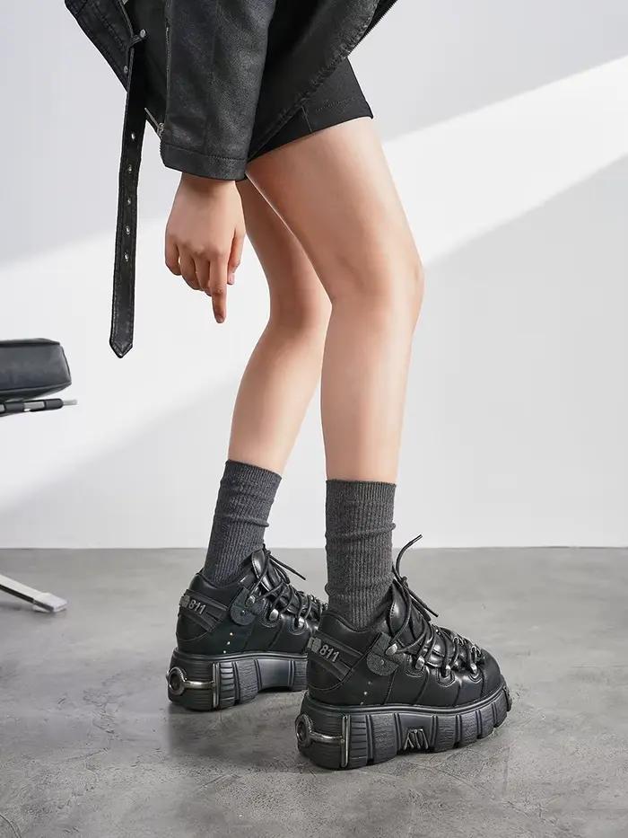 Nouvelles Chaussures Femme Style Punk 2026 – Bottes Rock à Lacets avec Plateforme et Talon de 6 cm, 