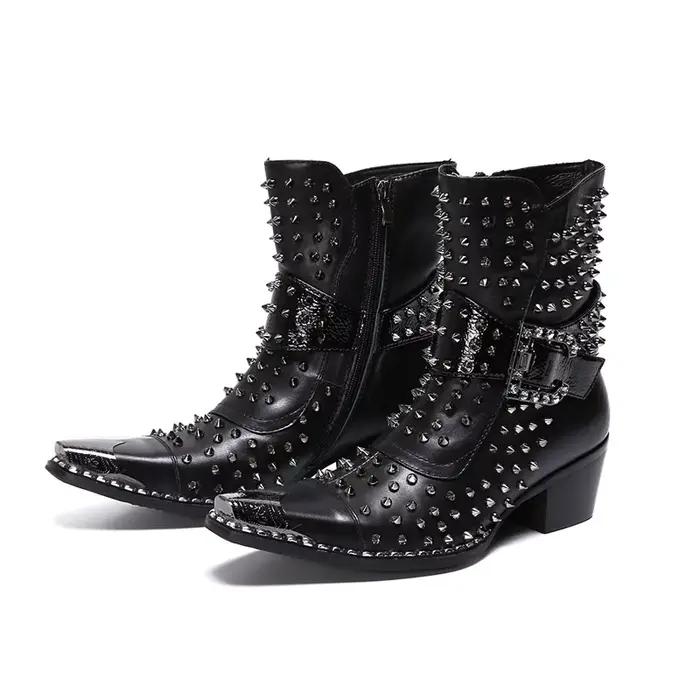 Bottes en cuir pointues à talons hauts pour hommes, chaussures de qualité, rivet, personnalité, chan