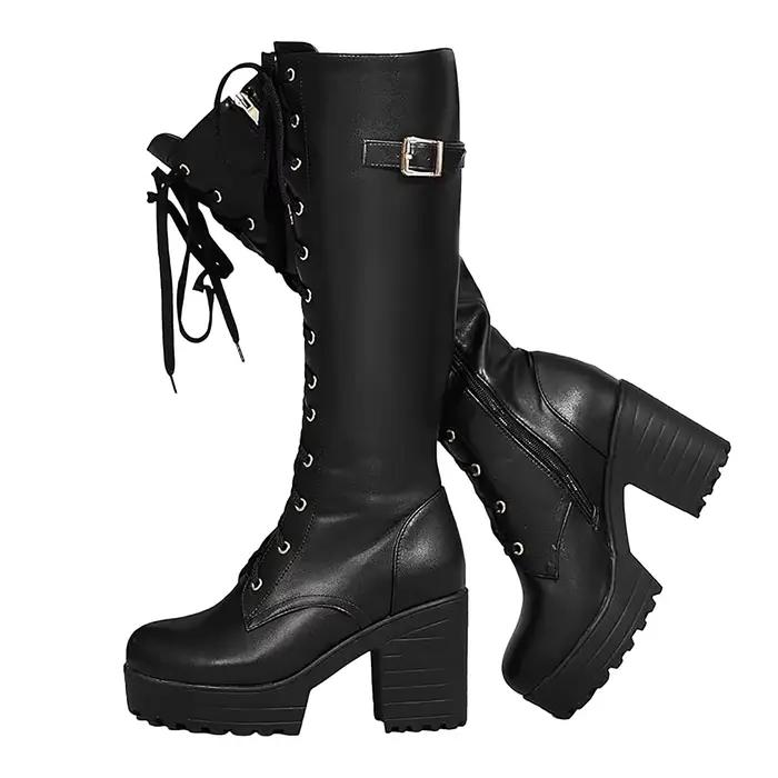 Bottes hautes en cuir pour femmes, bottes de neige hautes à talons épais, commerce extérieur