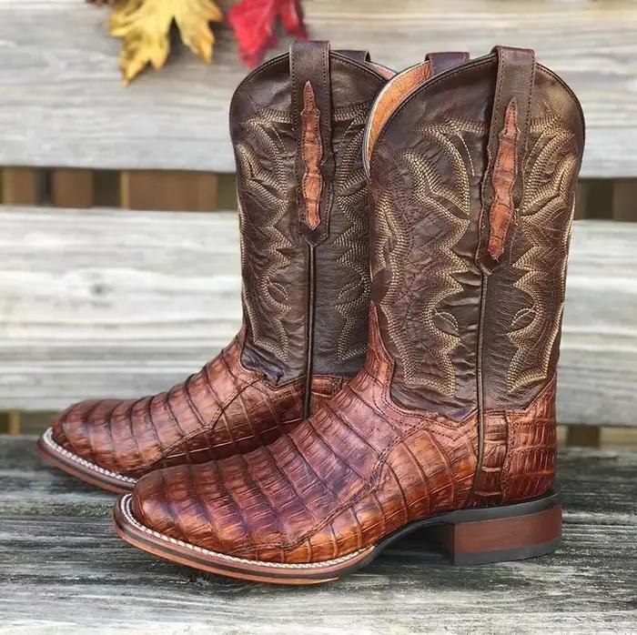 Bottes occidentales texturées crocodile pour hommes, talon bloc de broderie complexe, Style robuste 