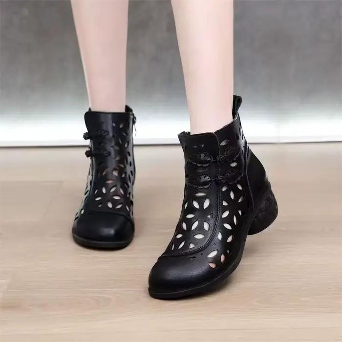 Bottines en cuir ajouré pour femmes, talon bloc, Cool, bout rond, grande taille, respirantes, rétro,