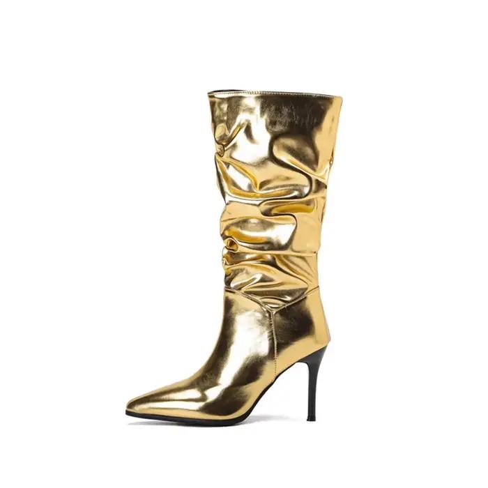 Botas De Mujer femmes bottes automne hiver mode plissé polyvalent or argent Sexy talons hauts Goth c