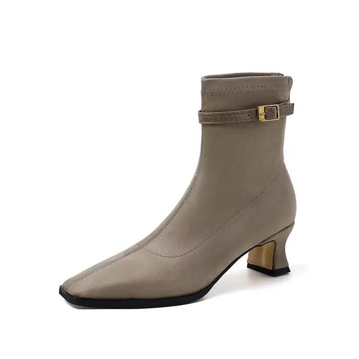 Ods Rinse-Bottes courtes en cuir véritable pour femmes, talons hauts, talon fin, chaussures modernes