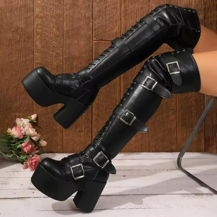Bottes pour femmes, bottes à plateforme au-dessus du genou, bottes de moto punk goth, bout rond, tal