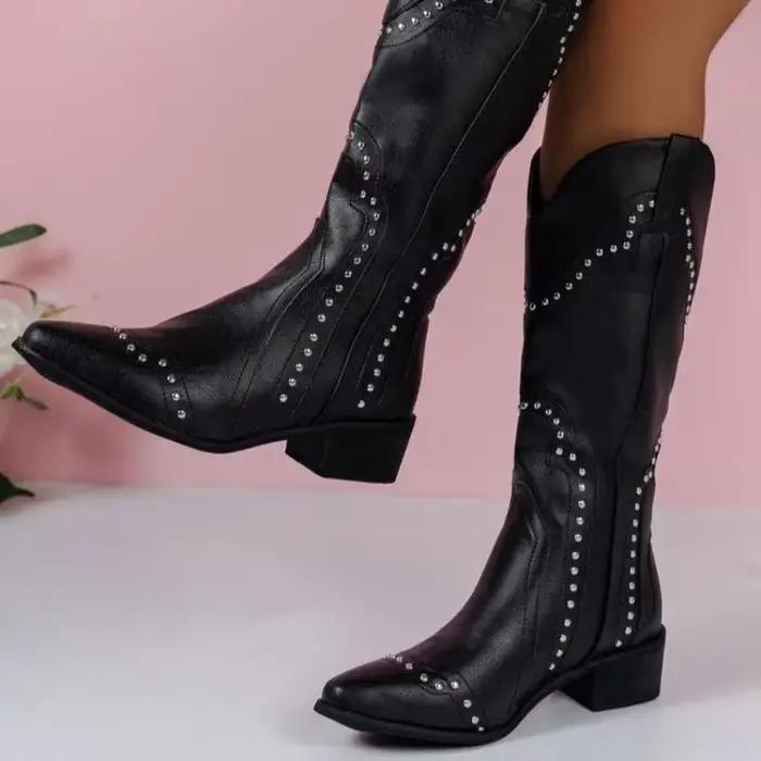 Bottes de Cowboy rétro à rivets mi-mollet pour femmes, bottes occidentales à talons épais, bout poin