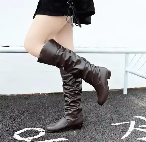 Bottes hautes en cuir PU pour femmes, bottes hautes pliantes à la mode, talons bas décontractés, bla