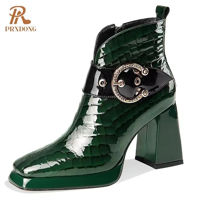 Bottines en cuir véritable pour femme, chaussures de haute qualité, talons hauts, plateforme à boucl