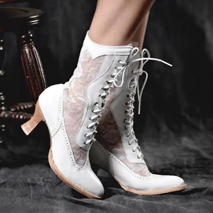 Bottes de rinçage pointues victoriennes pour femmes, bottes mi-mollet vintage, botte à lacets en PU,