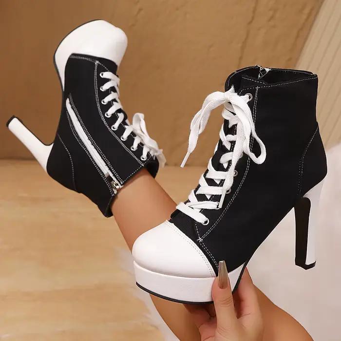 Bottines en toile à plateforme pour femmes, bottines courtes Sexy à talons hauts, fermeture éclair, 