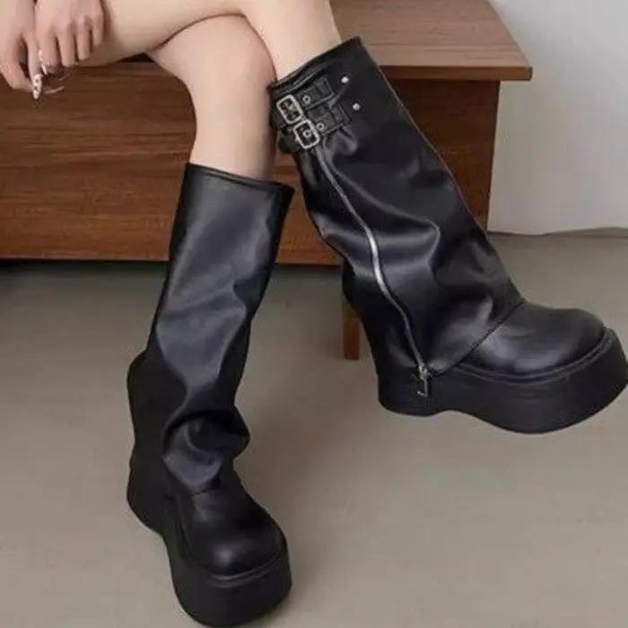 Bottes noires à plateforme pour femmes, à mollet large, avec boucle décorative, style décontracté, c