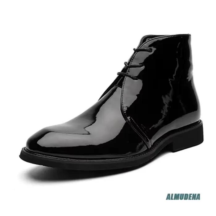 Bottes en cuir verni noir à bout rond pour hommes, à lacets, à talon bas, pour occasions formelles, 