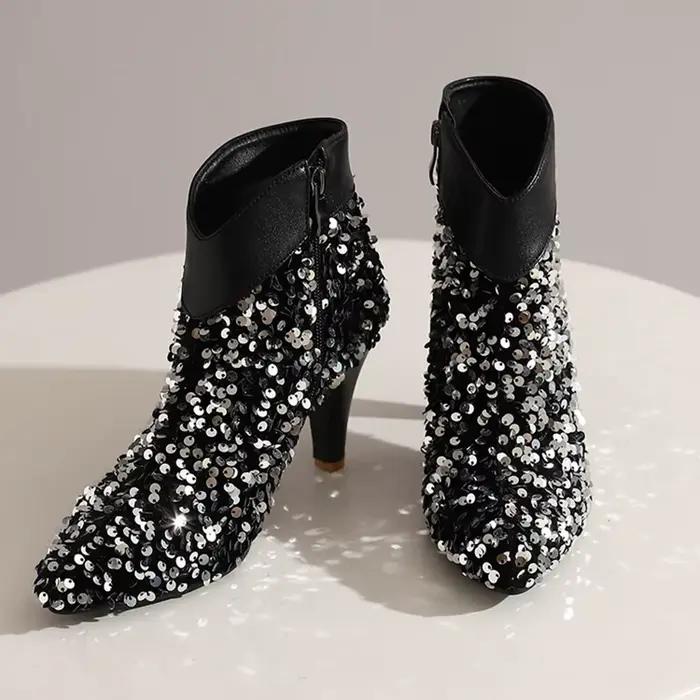 Botas De Mujer Fashion Sequin Ankle Boots Women Glitter Bling Shiny High Heels Side Zip Pointed Goth
