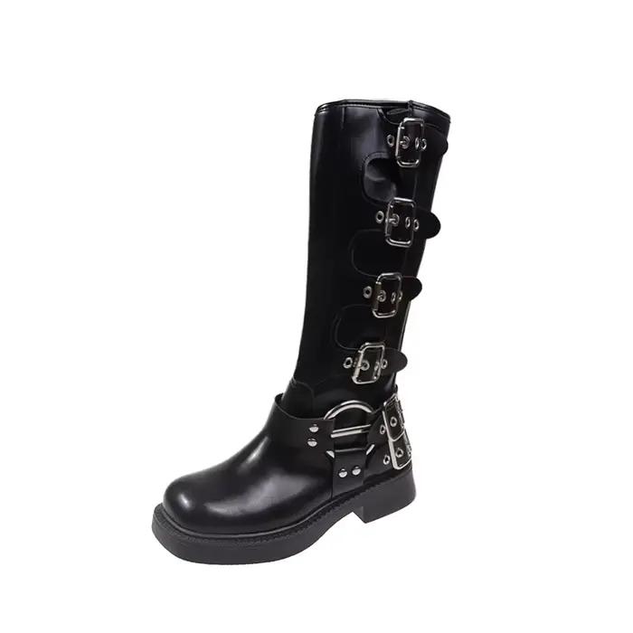 Femme bottes genou haute plate-forme élégante talon bas tendance Punk gothique New Rock cuir mode ch
