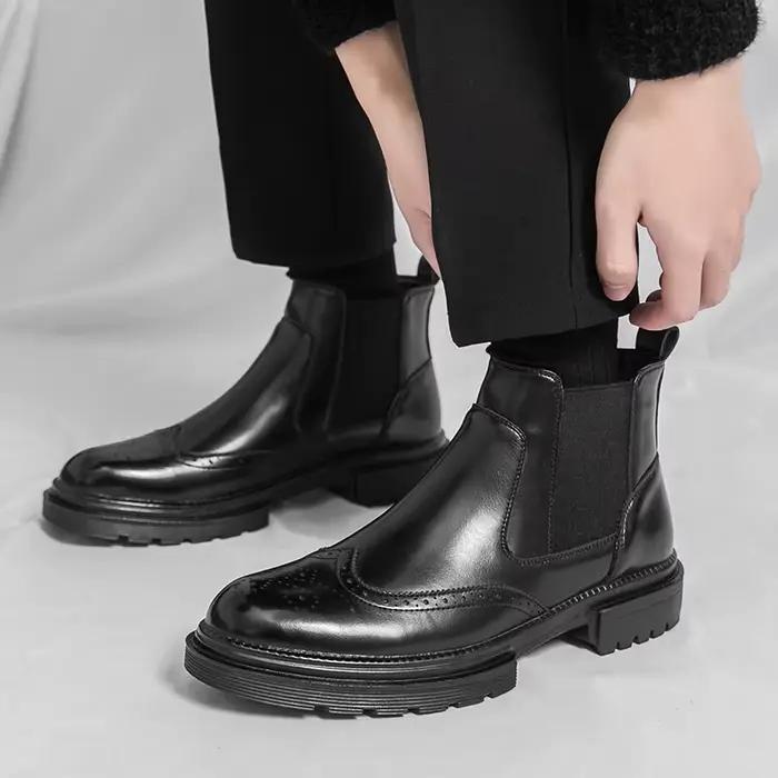 Bottes d'équitation pour hommes style britannique rétro richelieu sculpté chaussures en cuir haut de
