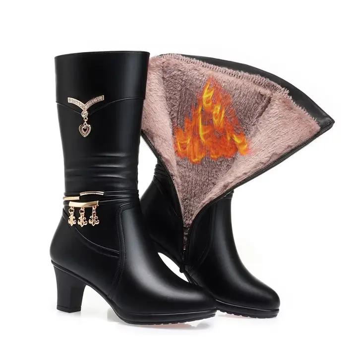 Femmes confortable polaire bottes moyennes automne hiver nouveau Style talon épais côté fermeture éc
