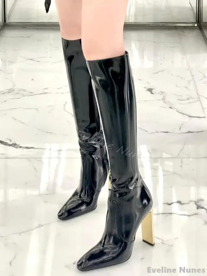 Bout carré or talons carrés bottes hautes femmes en cuir verni côté fermeture éclair noir bottes lon