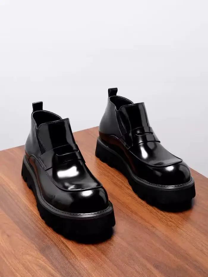 Bottes montantes pour hommes avec semelle épaisse, Surface en cuir brillant, fabriquées à la main, e