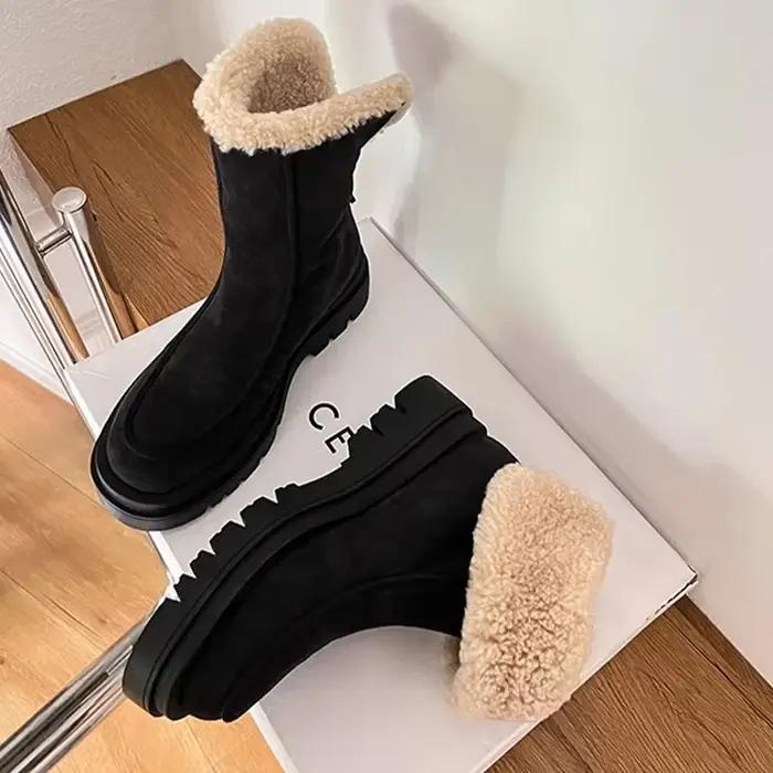 Bottines de neige plates en daim pour femmes, chaussures chaudes à la mode, en coton, confortables, 