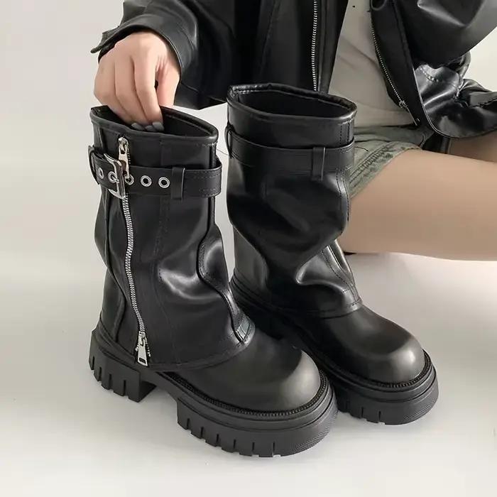 Bottes de motard avec ceinture pour femme, plateforme élégante, long tuyau, chaussons décontractés p