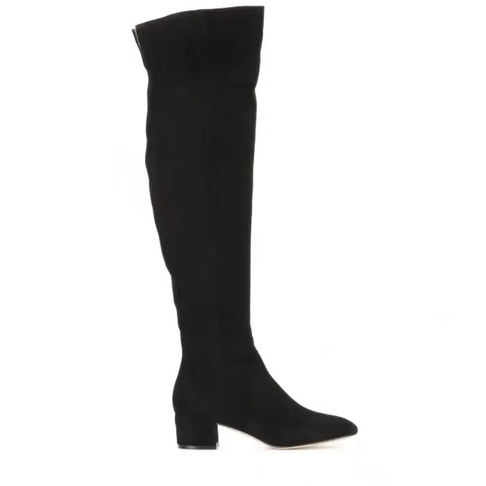 Bottes à la mode au-dessus du genou, bottes en daim et laine artificielle à talon moyen et tête rond