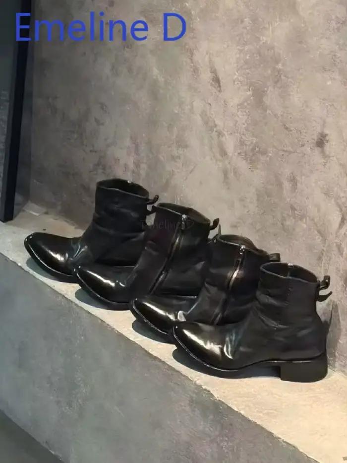Bottes courtes plissées verticales avec fermeture éclair latérale, en cuir noir, Style minimaliste, 