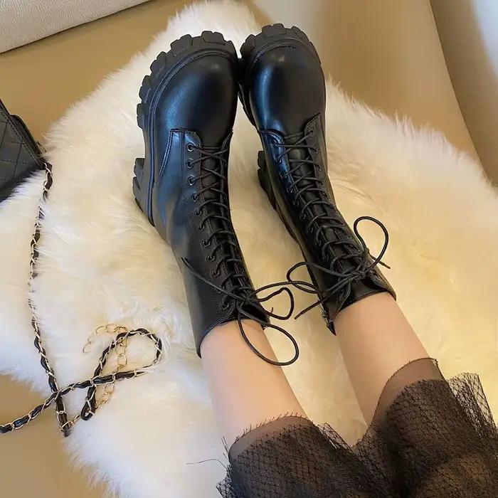 Bottes de motard à lacets mi-mollet pour femmes, chaussures Parker rondes, chaussures à plateforme m