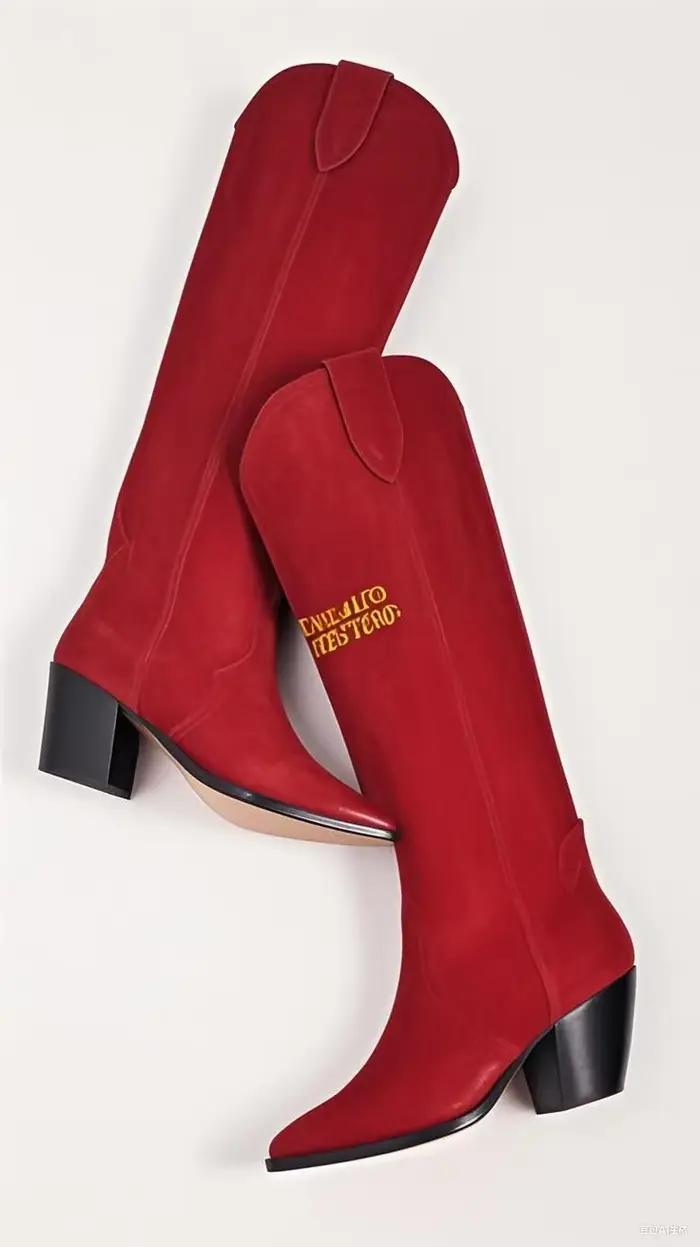 Bottes hautes en daim noir à talon carré, bout pointu sexy, talon moyen, faites à la main, style wes