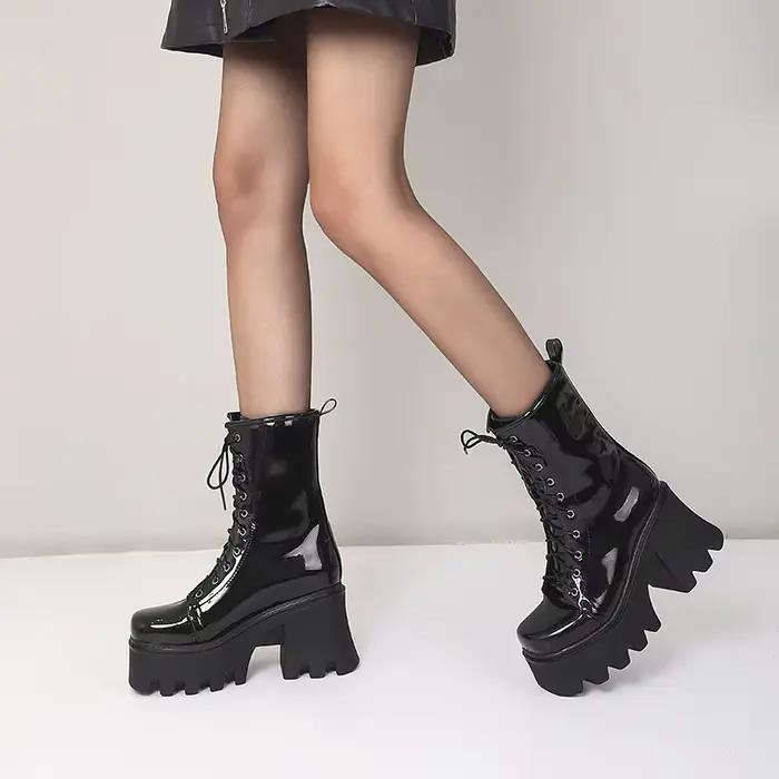 Bottes mi-mollet en cuir verni brillant, sangles croisées, super optique, haute rose, rouge, style d