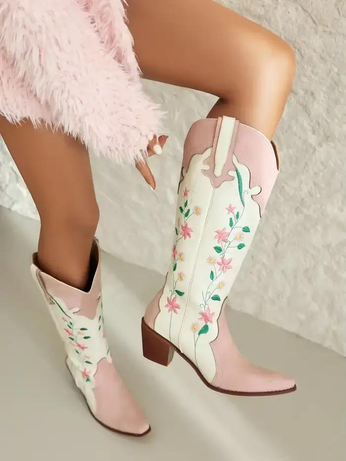 Bottes de Cosplay de Cowgirl pour Femme, Broderie Florale Rose, Lolita Western, Grands Chaussons, Or