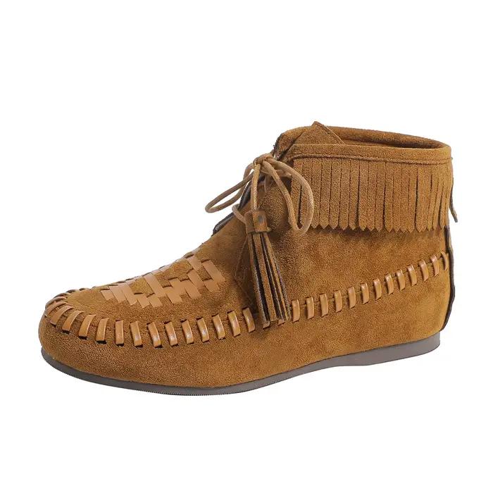 Bottines rétro en daim à lacets et pampilles pour femme, bottes courtes marron à bout rond, plates, 