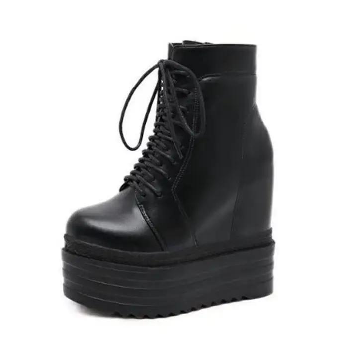 2025 Style Punk compensées bottine noir semelle en caoutchouc chaussures 14CM plate-forme bottes fem