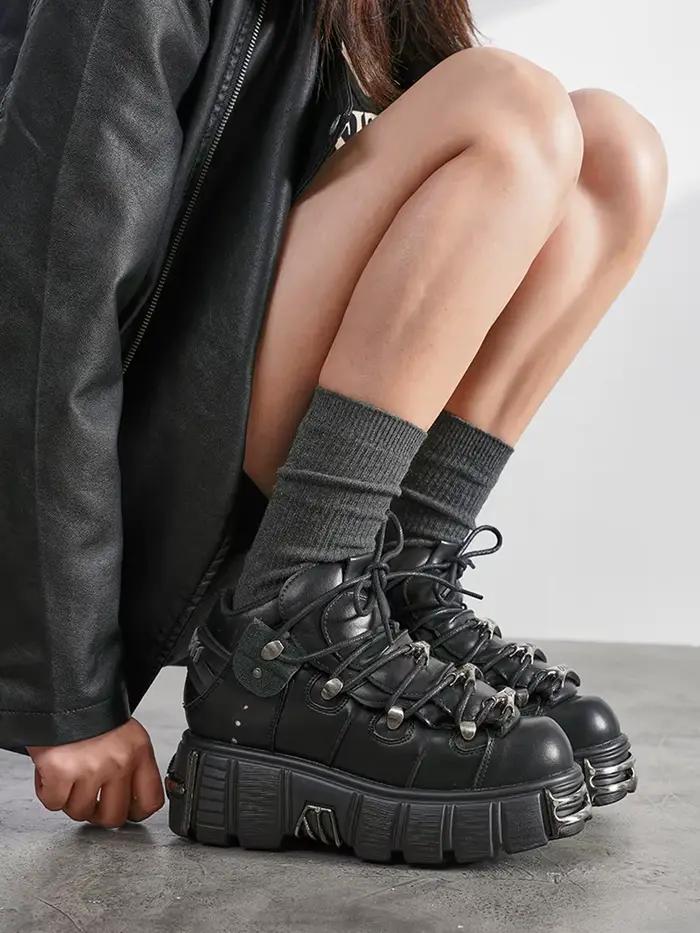 Nouvelles Chaussures Femme Style Punk 2026 – Bottes Rock à Lacets avec Plateforme et Talon de 6 cm, 