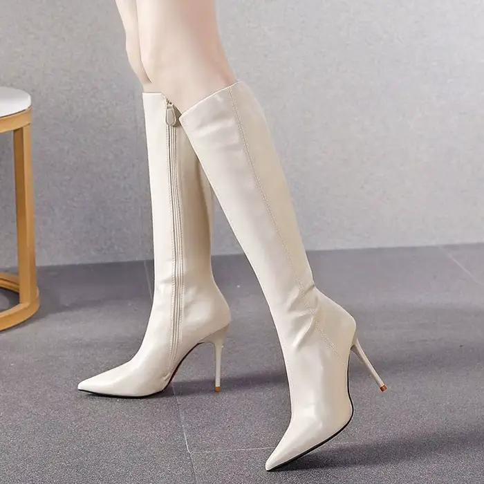 Bottes noires à bout pointu pour femme, chaussures à talons très hauts, bottes d'hiver à tige au gen