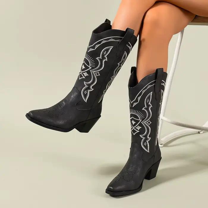 Bottes Western mi-mollet à bout carré, Nouvelles bottes de cowboy vintage brodées à enfiler pour le 