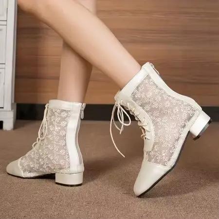 Bottes Rinse Rondes pour Femme, Talons Mi-Hauts de 3cm, Fermeture Éclair à Lacets, Maille Respirante