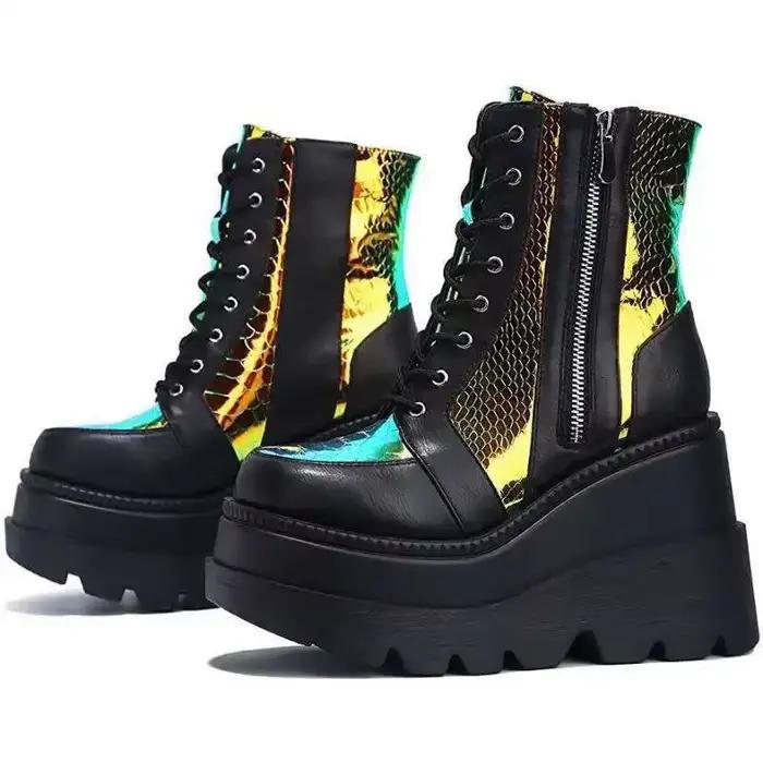Bottes à plateforme coordonnantes pour femmes, chaussures compensées à lacets, talons hauts, mode au