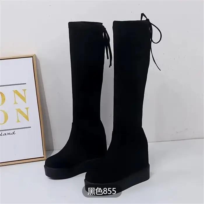 Automne hiver chaud compensées genou bottes hautes augmentation intérieure femmes bout rond bottes é