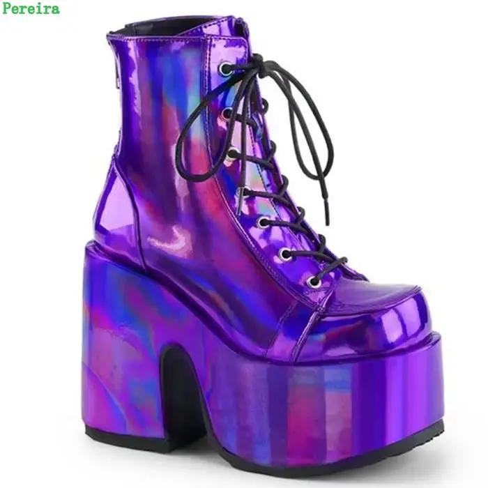 Bottes de rinçage violettes brillantes pour femmes, chaussures à plateforme ronde Parker, talon épai
