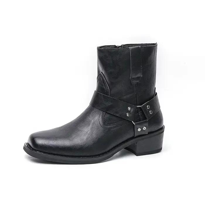Bottines en cuir à talons épais pour hommes, bottes de marche décontractées avec fermeture éclair la