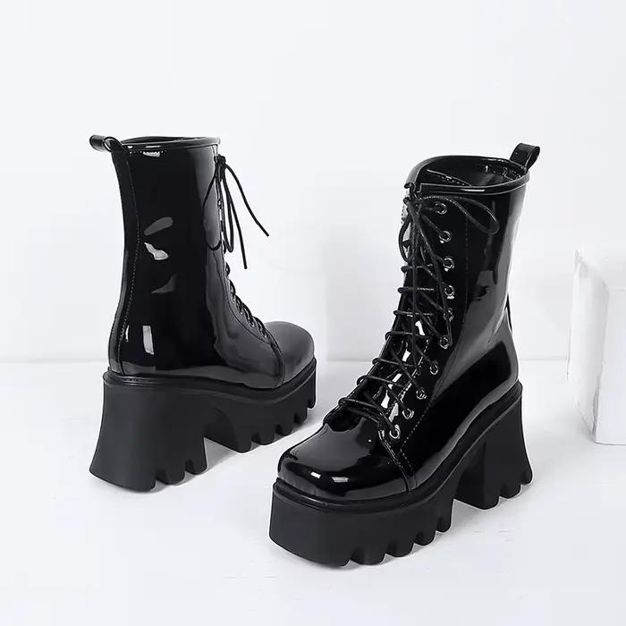 Bottes mi-mollet en cuir verni brillant, sangles croisées, super optique, haute rose, rouge, style d
