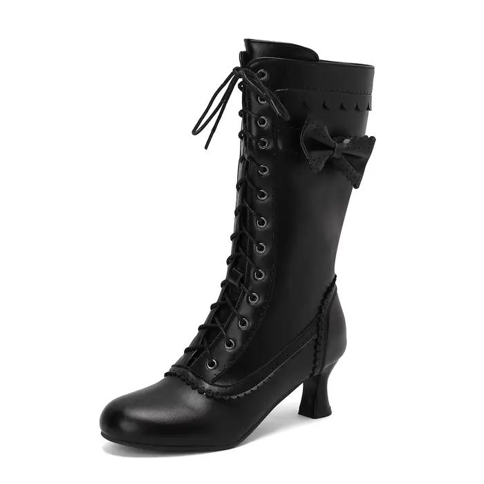 Bottes à lacets vintage pour femmes, chaussures au-dessus du genou, talons mi-hauts, cosplay d'Hallo