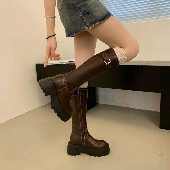 Bottes hautes marron pour femmes, talon de 10 cm, semelle épaisse, bout rond, décontractées, résista