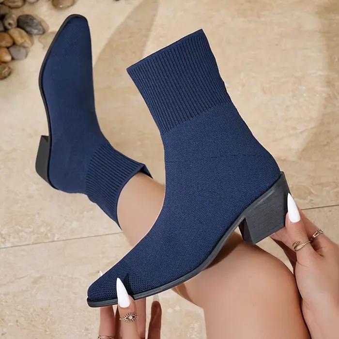Mode femmes bottes bout pointu sans lacet mi-mollet bottes printemps automne tricoté chaussettes bot