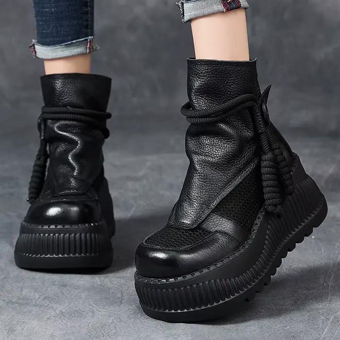 GKTINOO rétro évider 8 cm bottes à talons épais pour les femmes ZIP plate-forme en cuir véritable bo