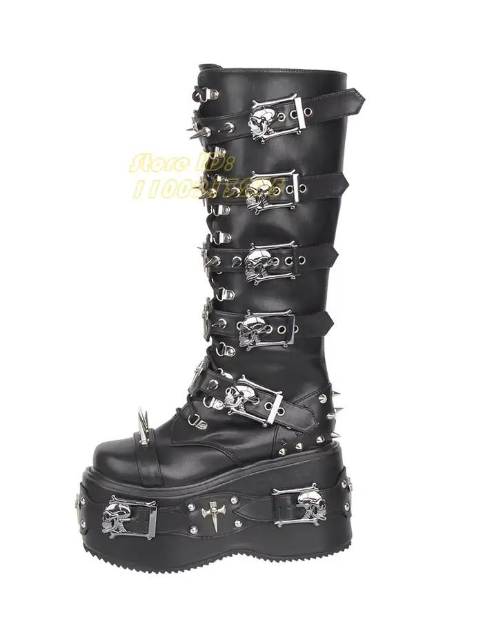 Bottes hautes à rivets et lanières, style punk, talon épais, fermeture éclair, bout rond, plateforme