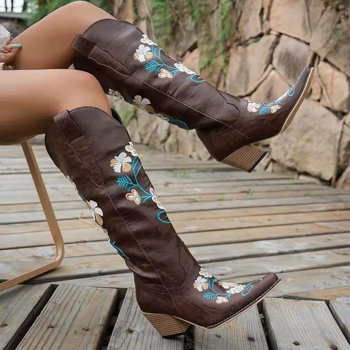 Bottes de cowboy longues brodées de fleurs vintage pour femmes, bottes western en cuir PU, bottes ha
