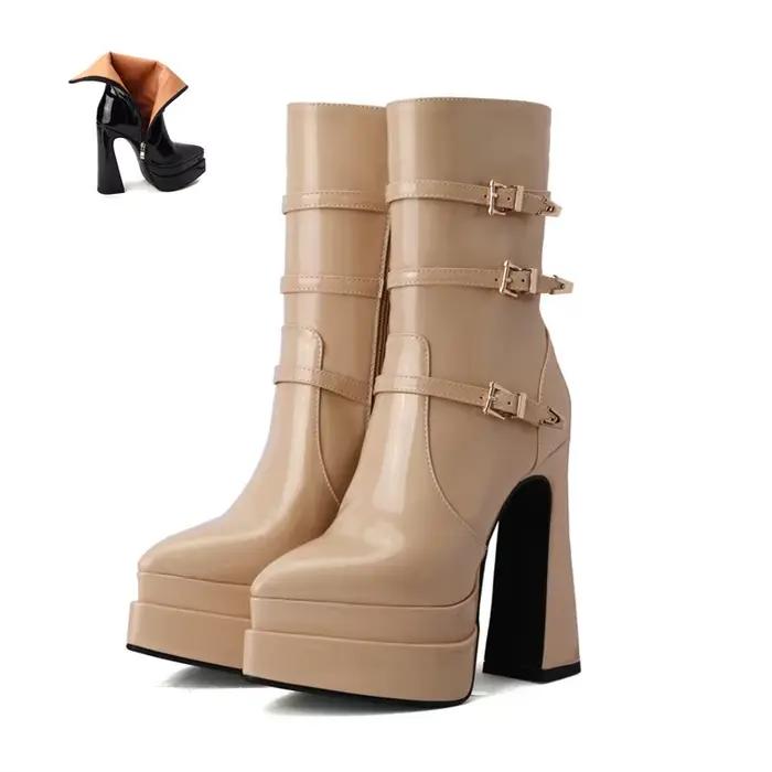 Bottines en cuir verni pour femmes, mode automne-hiver, talon épais de 14 cm, plateforme, bouton mét