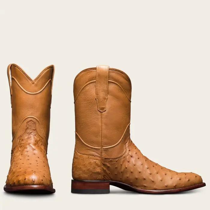 Bottes de cowboy occidentales en cuir d'autruche marron pour hommes, bout pointu, talon bloc, mi-mol