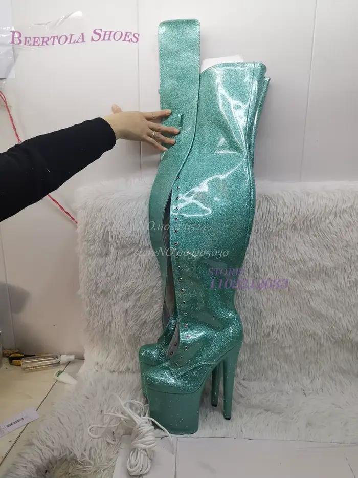 Femmes plate-forme sur le genou bottes paillettes Flash diamant rouge Peep orteil couverture ouverte